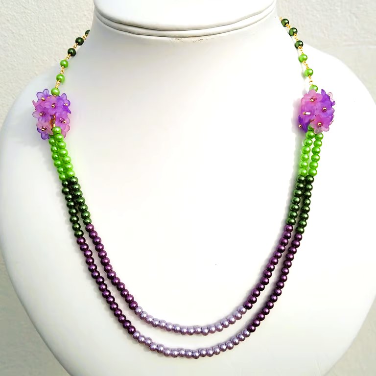 Purple And Green Multi Strand Beaded Floral Necklace 19 - 21 inch