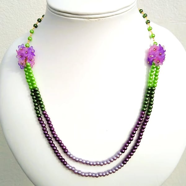 Purple And Green Multi Strand Beaded Floral Necklace 19 - 21 inch