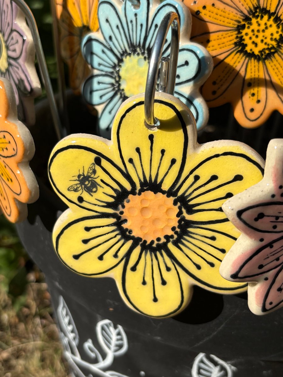 Handmade Stoneware Ceramic Flower Stake - Yellow with Bee