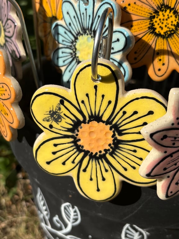Handmade Stoneware Ceramic Flower Stake - Yellow with Bee