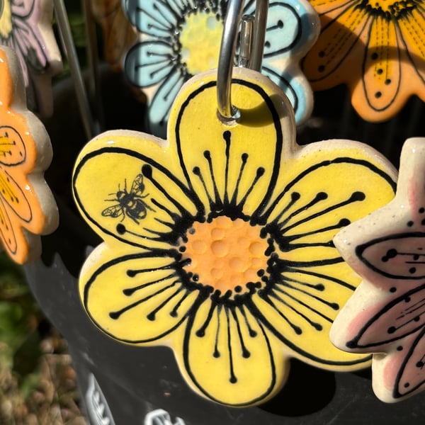Handmade Stoneware Ceramic Flower Stake - Yellow with Bee