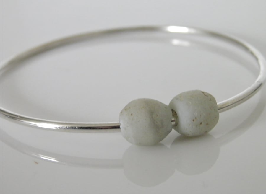 Sterling Silver Bangle White Glass Beads