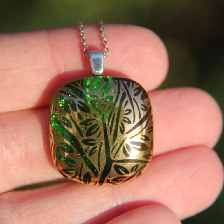 Green and gold branch fused glass leaf pendant, fused glass necklace F34