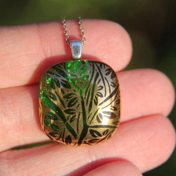Green and gold branch fused glass leaf pendant, fused glass necklace F34