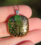 Green and gold branch fused glass leaf pendant, fused glass necklace F34