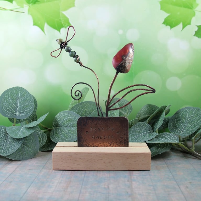Ornament, Copper Tulip and Dragonfly with Moss Agate on Wooden Stand