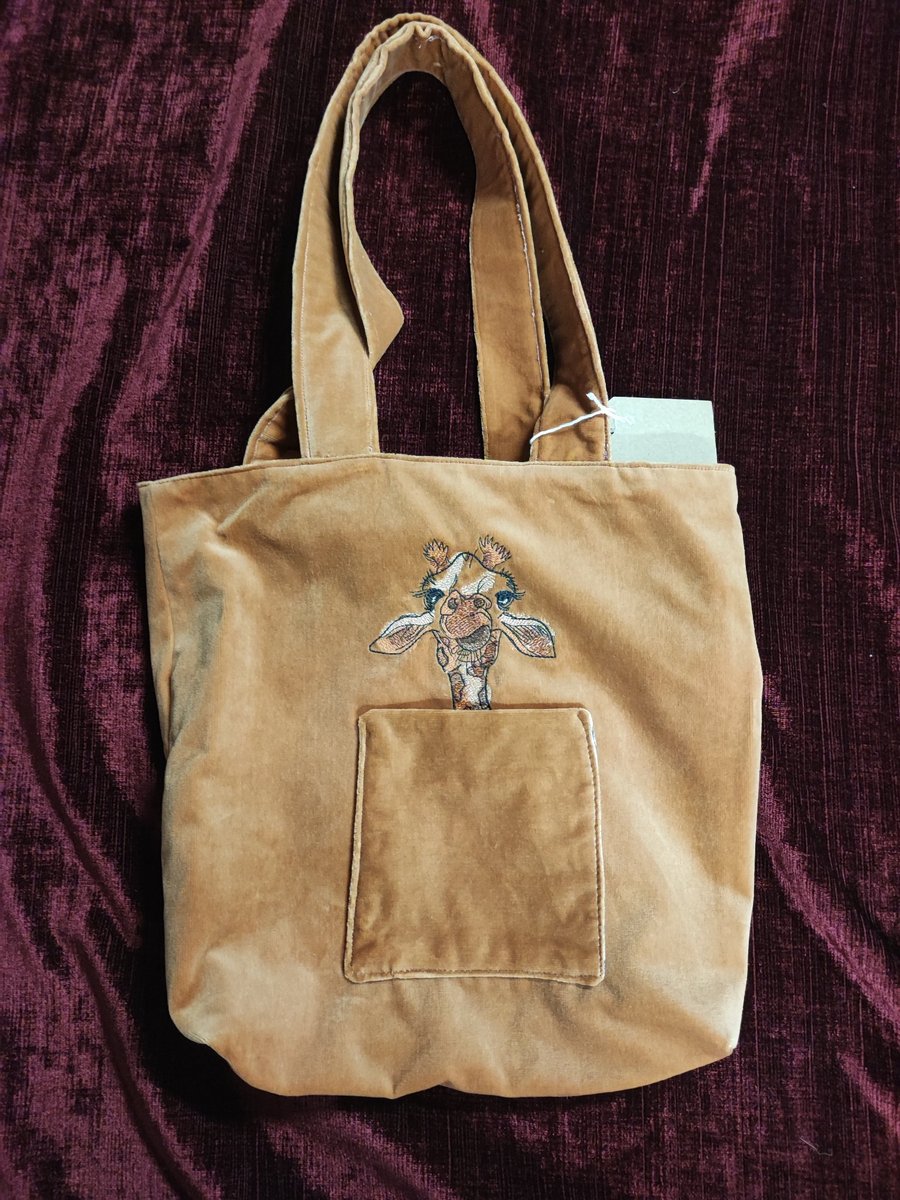 Tote Bag, Tan colour with Giraffe embroidery