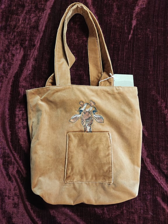 Tote Bag, Tan colour with Giraffe embroidery