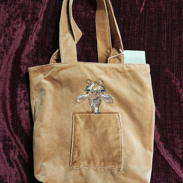 Tote Bag, Tan colour with Giraffe embroidery