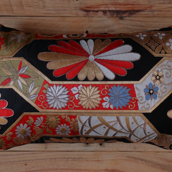 Silk Brocade Cushion Japanese Kimono Obi Chrysanthemum