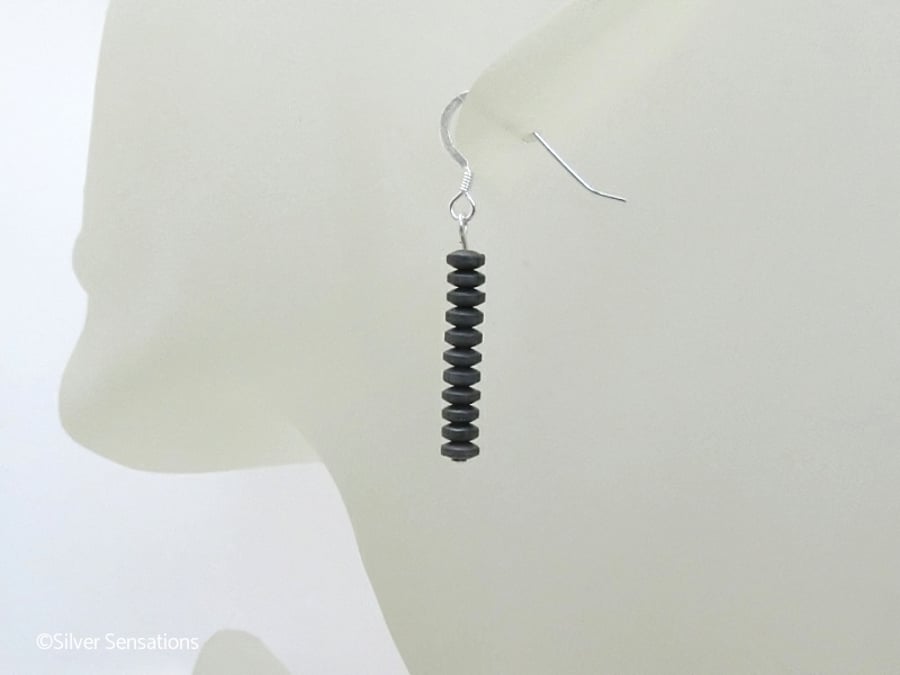 Slim Frosted Hematite Discs Earrings With Sterling Silver, Ladies Black Earrings