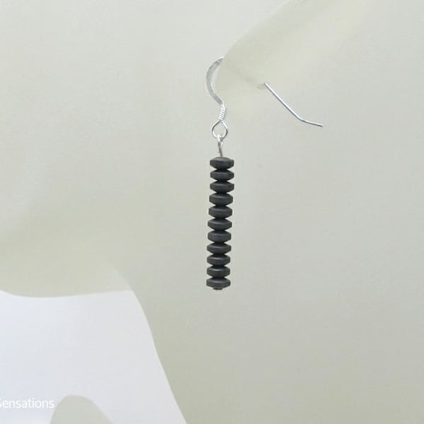 Slim Frosted Hematite Discs Earrings With Sterling Silver, Ladies Black Earrings