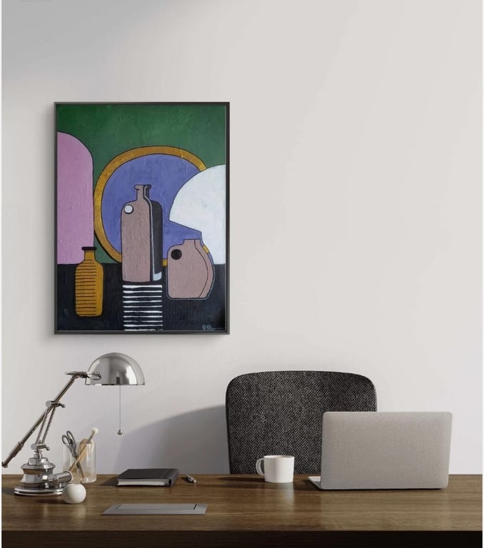 Abstract Still Life Painting on Canvas Geometric with Golden Circle Framed