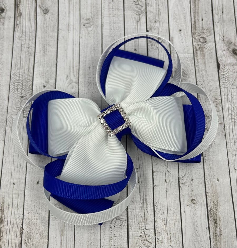 Large 5 inch Cobalt Blue and White Double Layer Bow with Double Loops