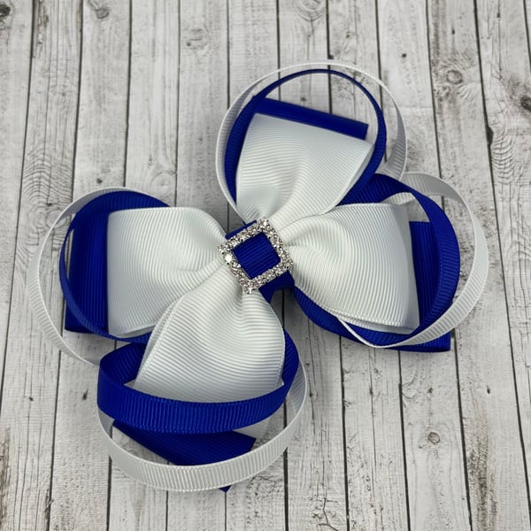 Large 5 inch Cobalt Blue and White Double Layer Bow with Double Loops