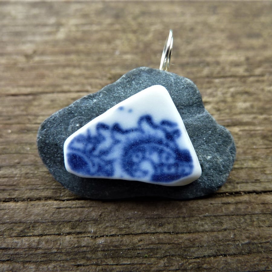 Pendant - exotic blue sea pottery and dark ocean slate beach pebble.