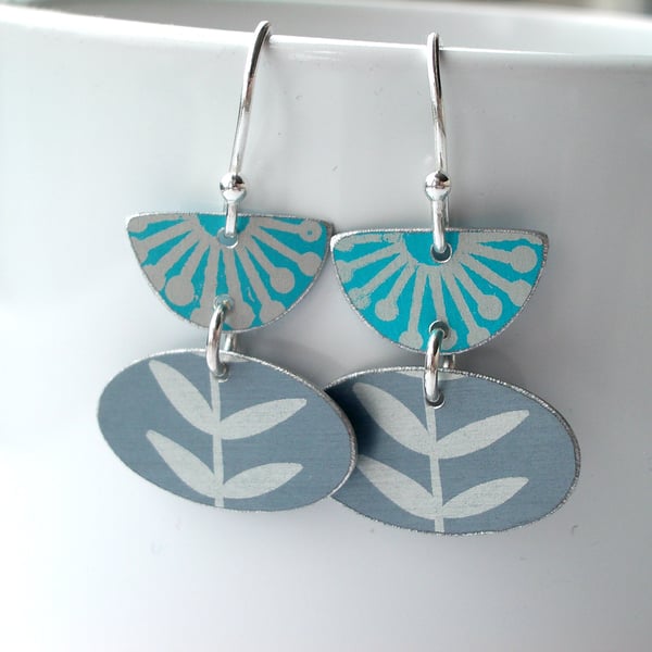 Folk art earrings in turquoise and grey