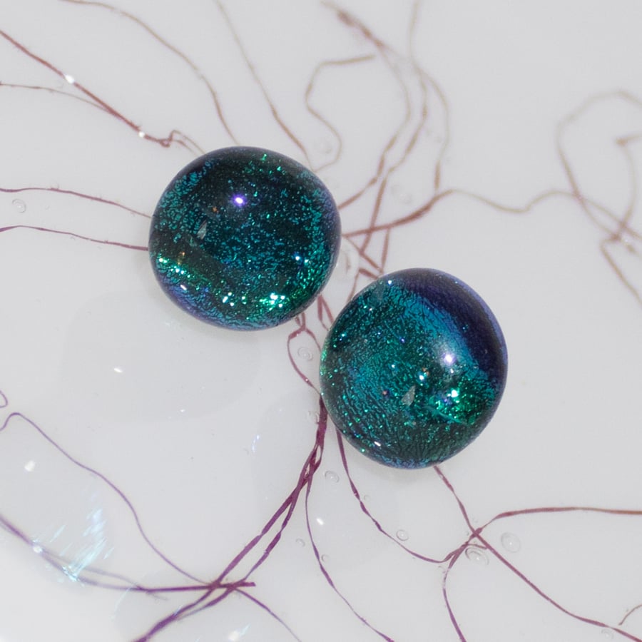 Green Dichroic Glass Earrings on Sterling Silver Studs