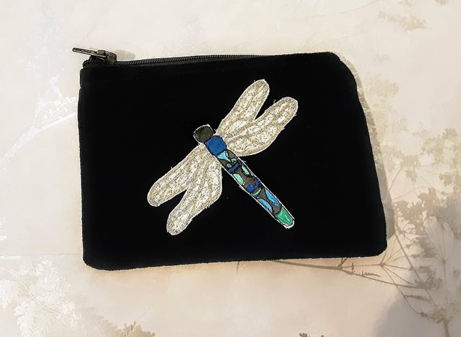 Dragonfly Design Black Velvet Coin Purse