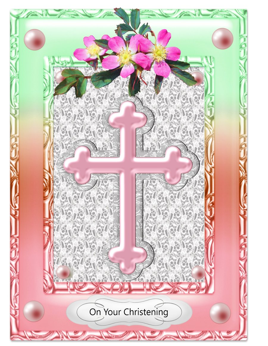 3D Pink Cross in frame - Christening, Baptism, Holy Communion, Confirmation