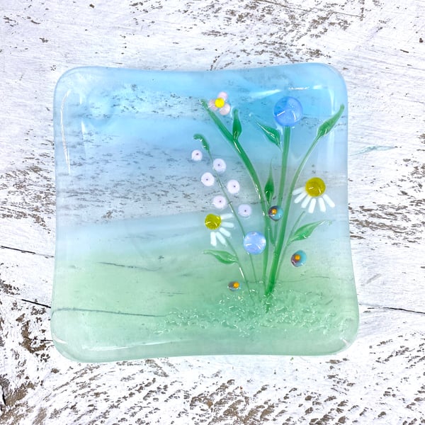 Flower Meadow Ring or Trinket Dish - Fused glass with lamp work detail  