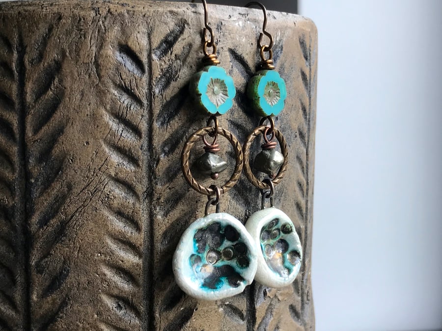 Bohemian Artisan Ceramic Earrings. Turquoise & Bronze Earrings. Pyrite Earrings