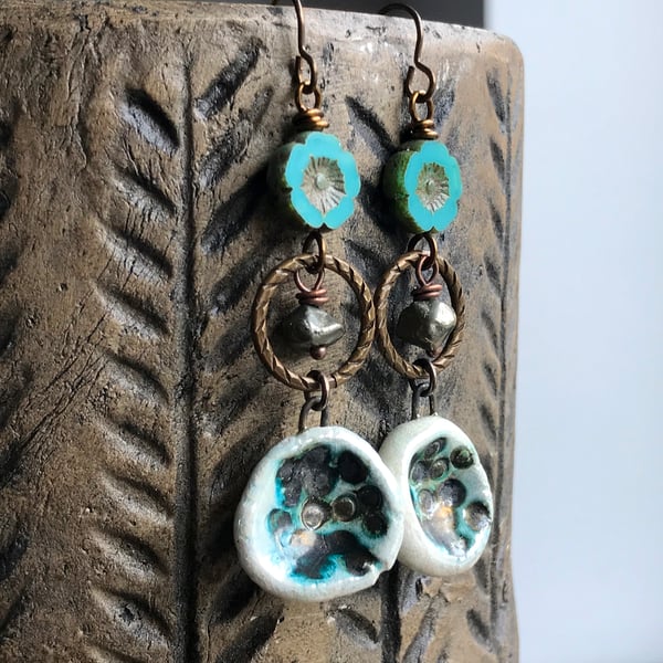 Bohemian Artisan Ceramic Earrings. Turquoise & Bronze Earrings. Pyrite Earrings