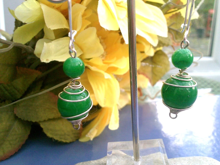 Emerald Green Quartzite Earrings, Dangle Silver Spiral Earrings
