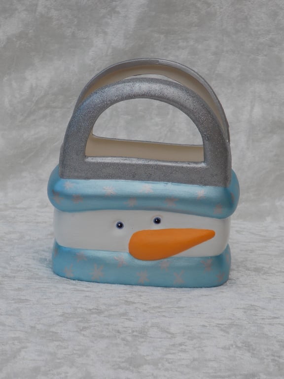 Ceramic Xmas Christmas Snowman Gift Bag Container Ornament Table Decoration.