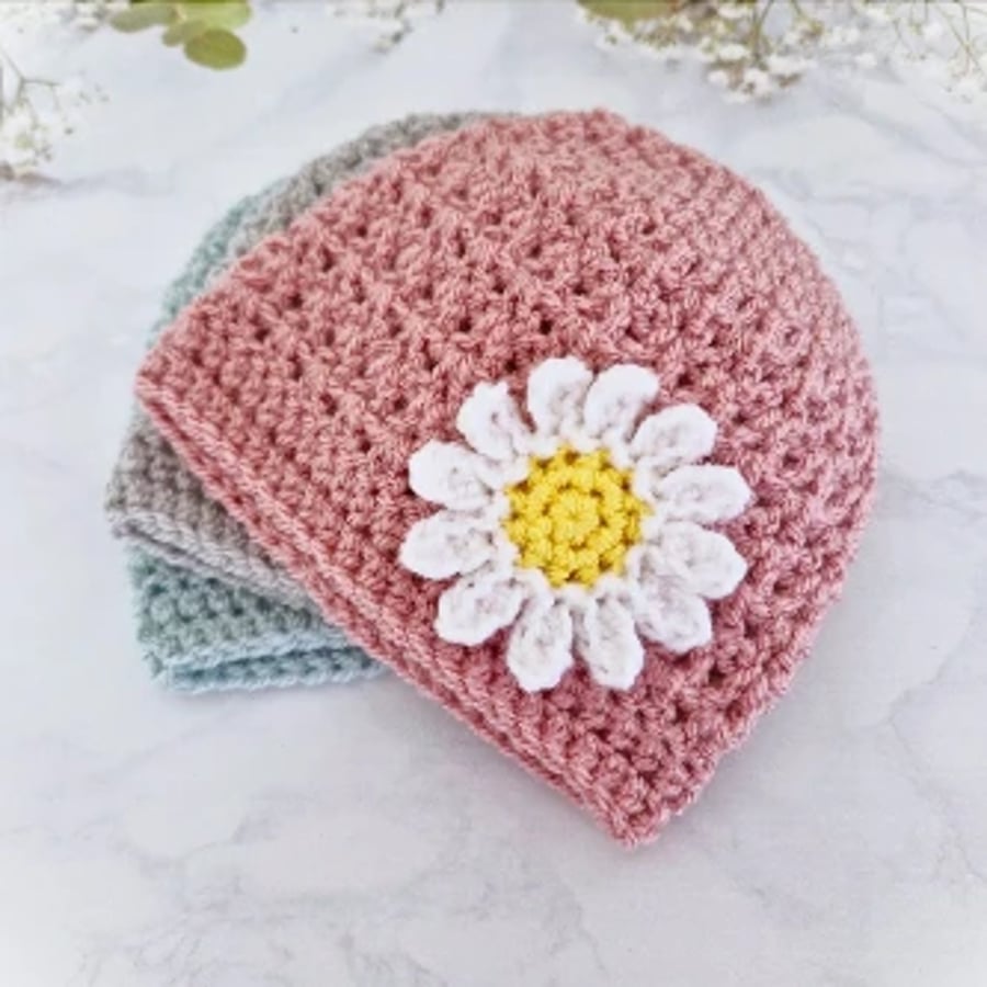 Crochet Baby Daisy Hat – Handmade Beanie Newborn to 2 Years