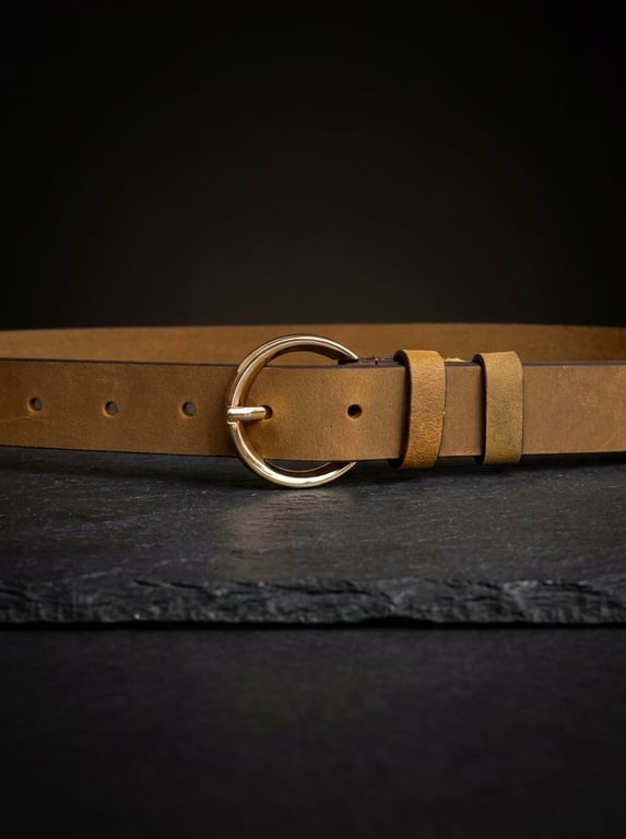 Tan Full Grain Leather Belt Gold-Tone Round Buckle Womens Belt 25mm 1 Inch