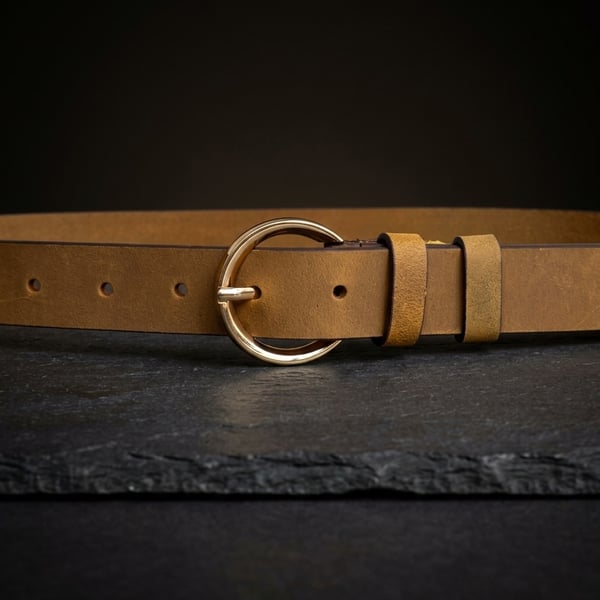 Tan Full Grain Leather Belt Gold-Tone Round Buckle Womens Belt 25mm 1 Inch