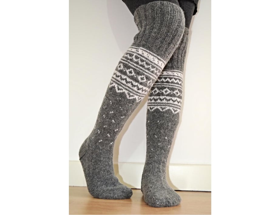 Wool Socks Hand-knitted Long Above The Knee Grey White Winter Nordic Patterned