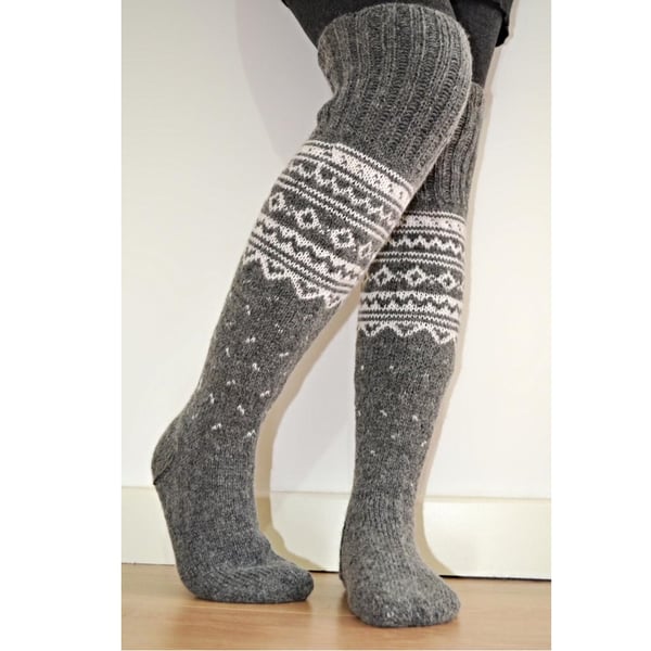 Wool Socks Hand-knitted Long Above The Knee Grey White Winter Nordic Patterned