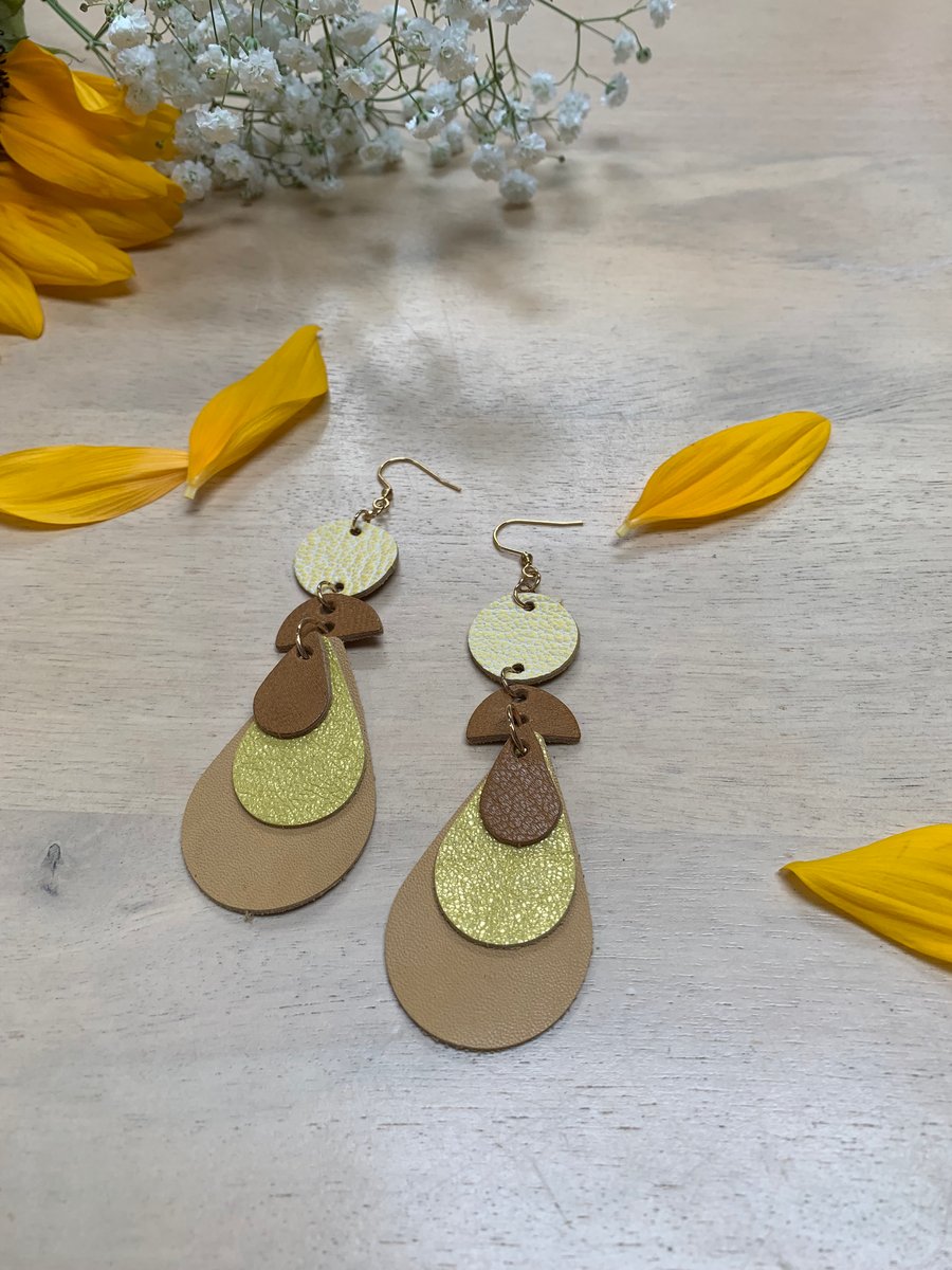 Handmade yellow leather dangly earrings free gift wrap