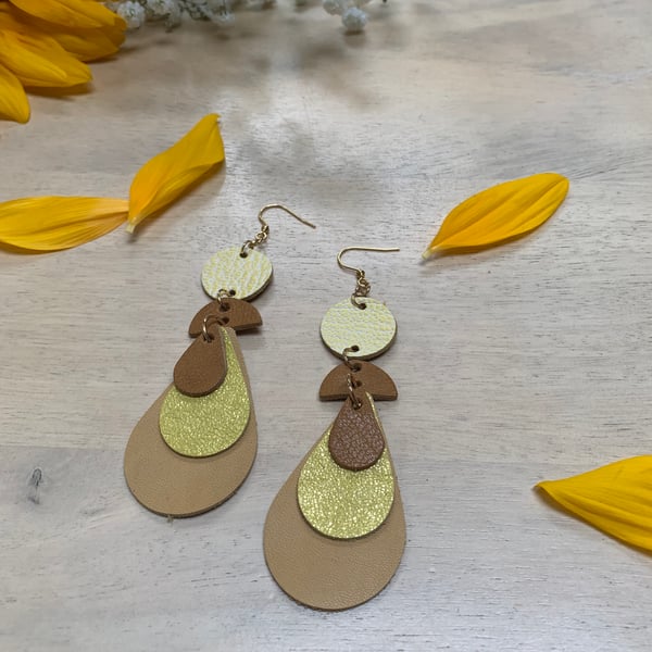 Handmade yellow leather dangly earrings free gift wrap