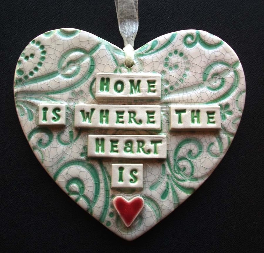 Green ceramic heart decoration Home is where the Heart is.