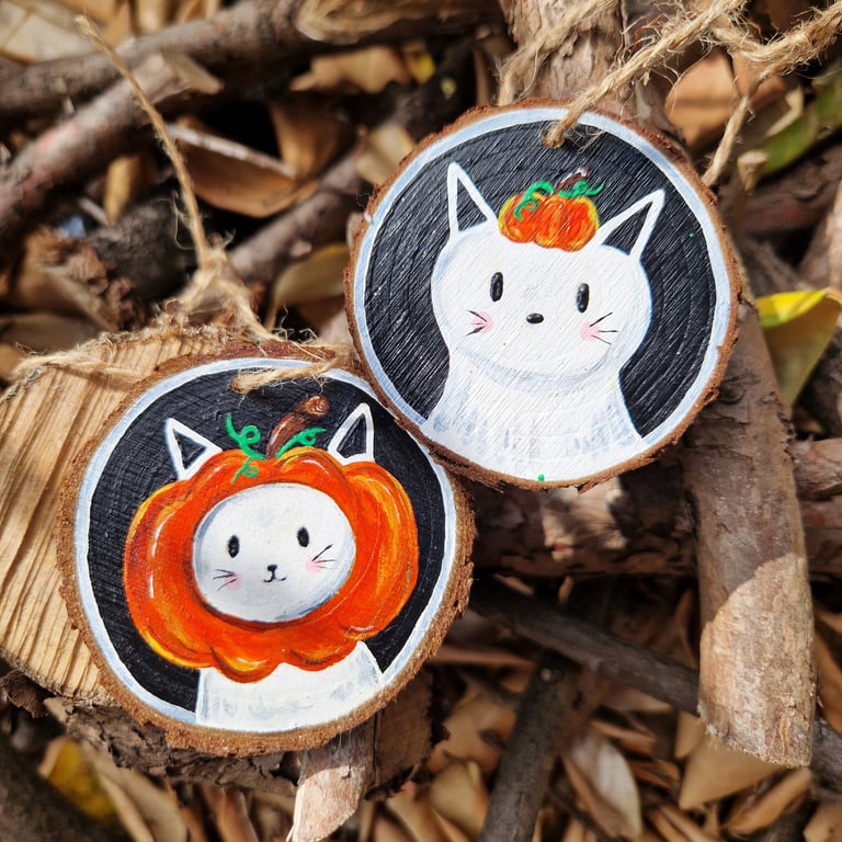 Cat pumpkin art, Halloween Decoration, Autumn Decor, Ghost art, White cat art