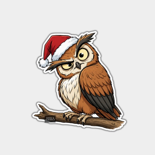 Unique Funny Christmas Sticker Xmas Decal - Owl In Santa Hat