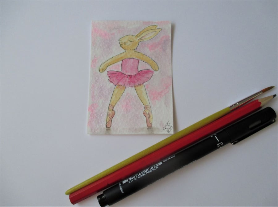 ACEO Bunny Rabbit Ballerina Ballet Dancing Bunny Rabbit Original Painting 013