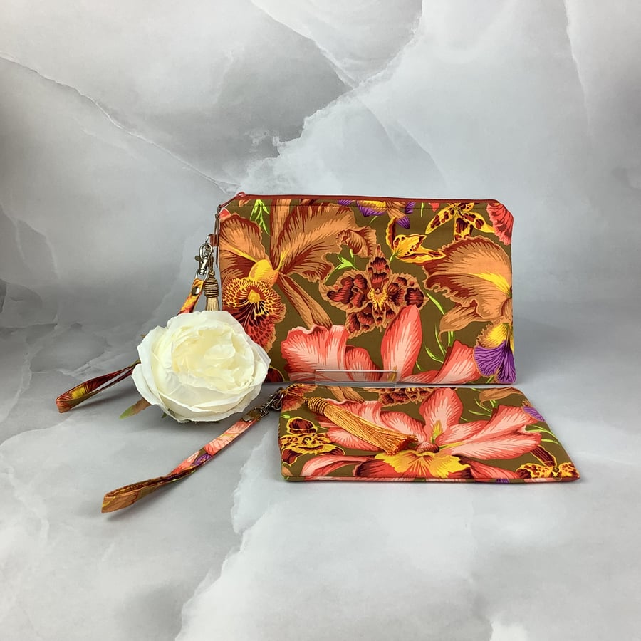 Orchids zip clutch bag, Detachable wrist strap, 2 available, Handmade