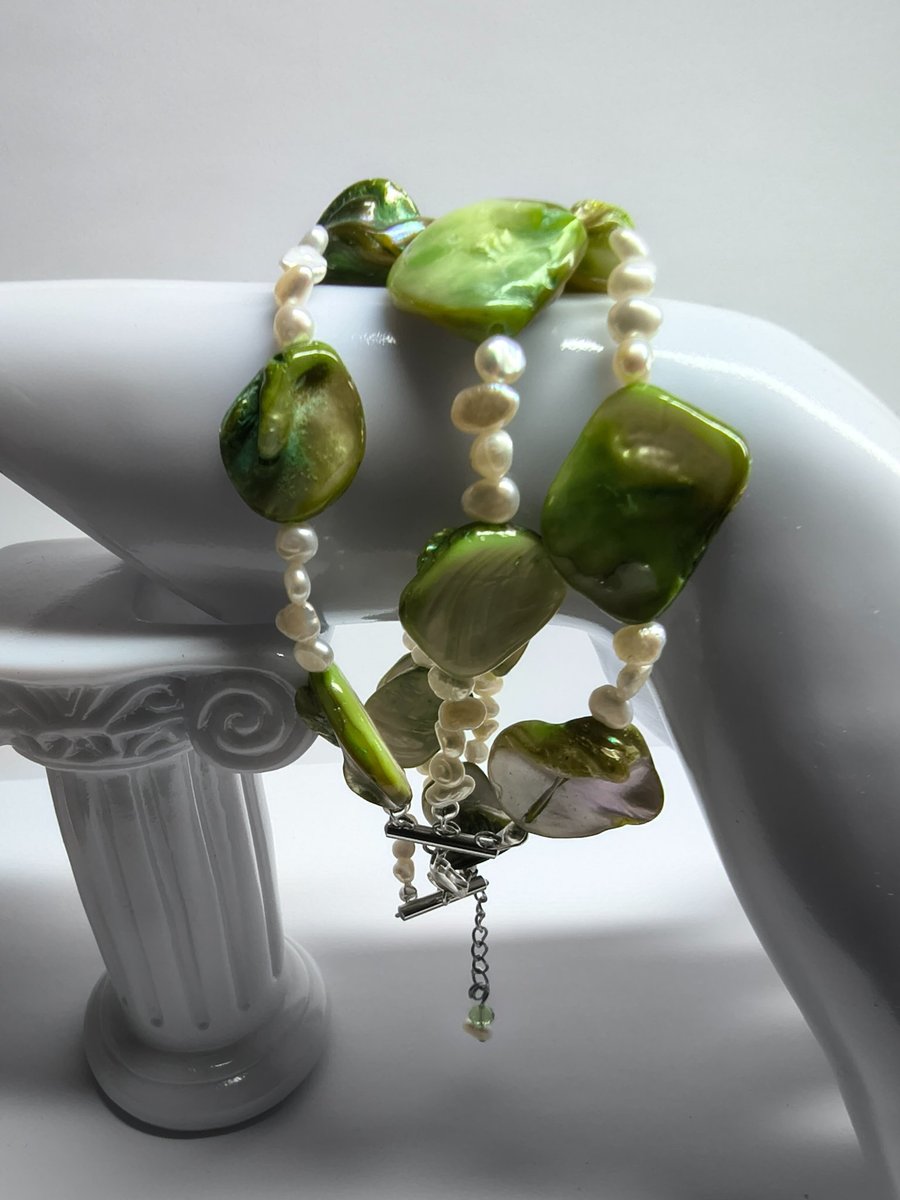 Unique Green Mother of Pearl & Ivory Freshwater Pearl Bracelet Triple Strand