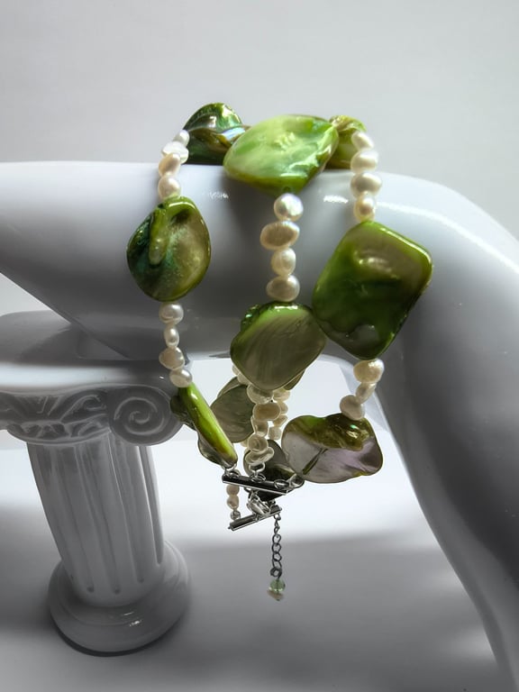 Unique Green Mother of Pearl & Ivory Freshwater Pearl Bracelet Triple Strand