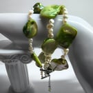 Unique Green Mother of Pearl & Ivory Freshwater Pearl Bracelet Triple Strand
