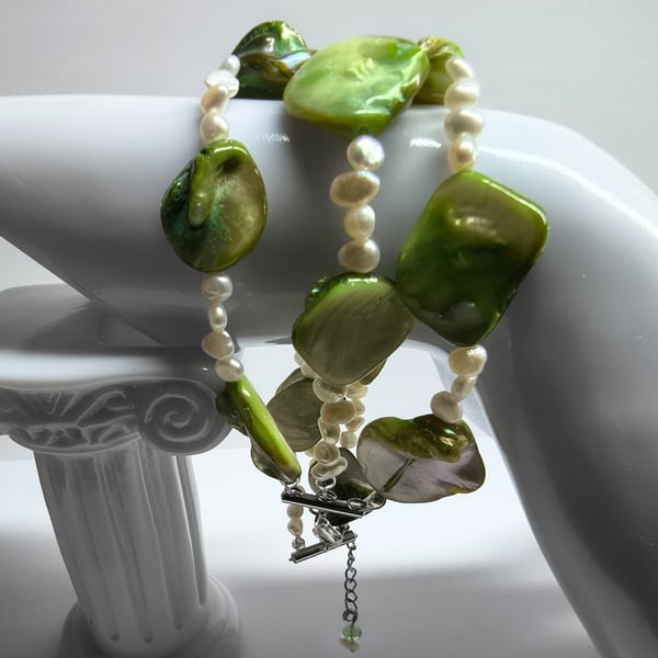 Unique Green Mother of Pearl & Ivory Freshwater Pearl Bracelet Triple Strand