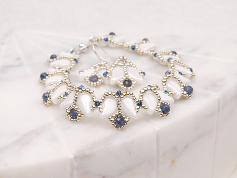 Beaded bracelet and earrings set, Wedding jewellery with Sapphire gemstones