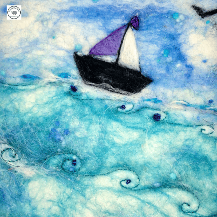 Felted Picture fibre painting seascape boat wet needle felt embroidery gift.    