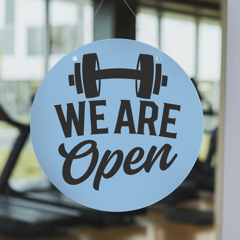 Open & Closed Sign for Gyms - Dumbbell Script: Double-Sided Hanging Door Sign