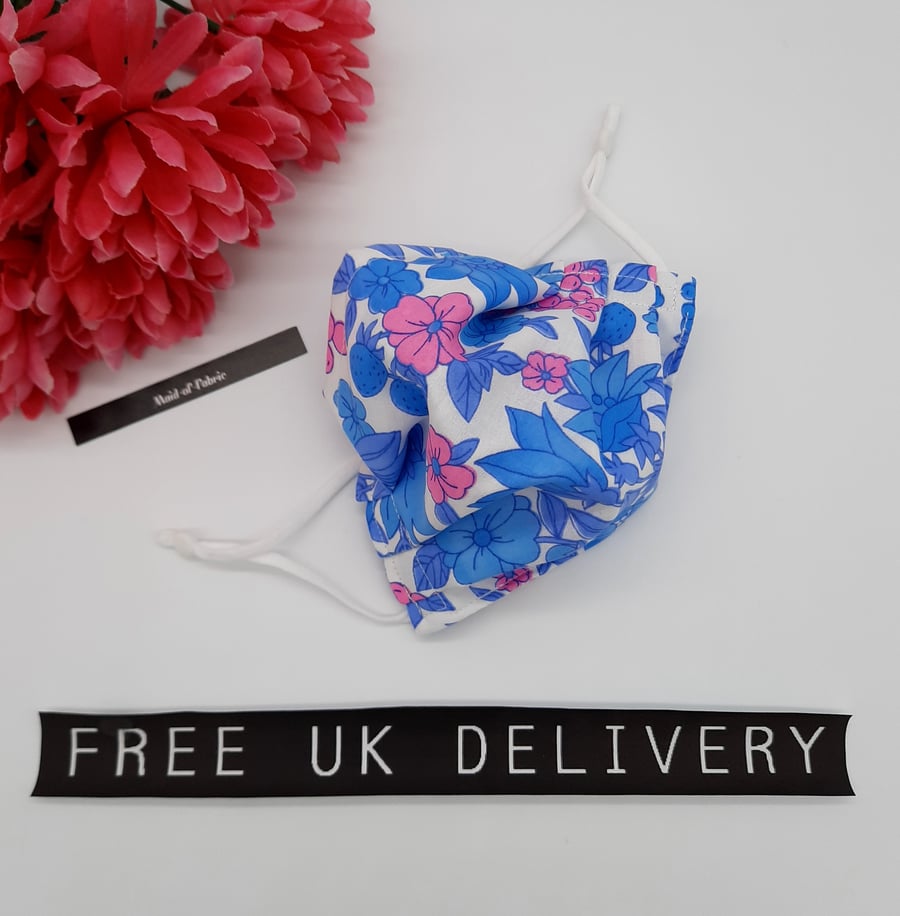 Face mask,  small, blue and pink floral,  adjustable,  3 layer, nose wire 