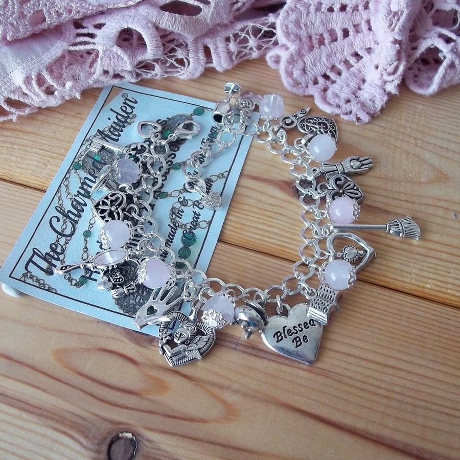 Rose Quartz Witch Heart Charm Bracelet, Wiccan Love Token, Valentine Gift